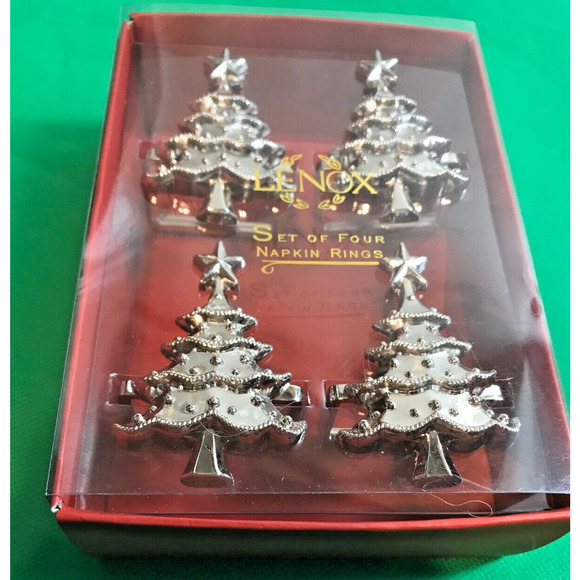 Lenox Set of 4 Holiday Napkin Rings Holiday Noel Silver Christmas Tree - Picture 2 of 4